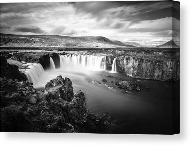 Europe Canvas Print featuring the photograph Godafoss waterfall BW by Alexey Stiop
