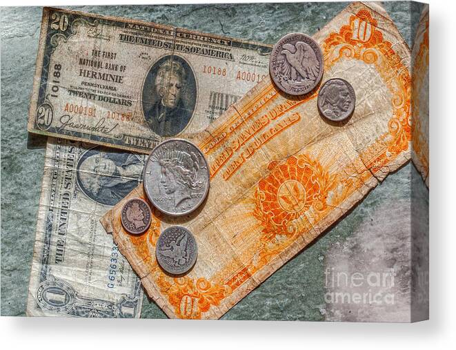 Gold Certificate And Silver Coins Canvas Print featuring the photograph Gold Certificate and Silver Coins Ver 3 by Randy Steele