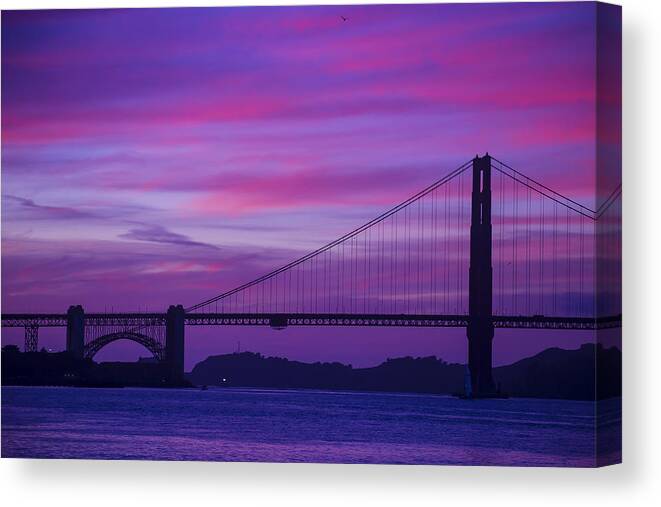Golden Gate Bridge Tower Blue Sky Canvas Print featuring the photograph Golden Gate Bridge At Twilight by Garry Gay