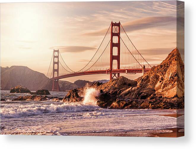 Water's Edge Canvas Print featuring the photograph Golden Gate Bridge From Baker Beach by Karsten May