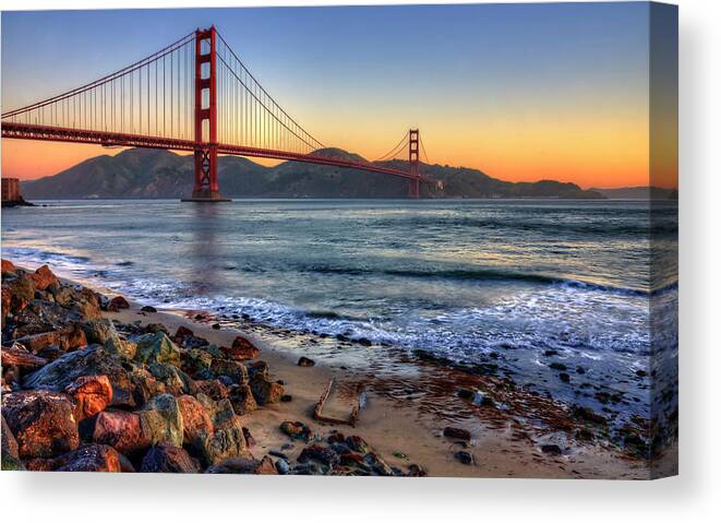 San Francisco Canvas Print featuring the photograph Golden Gate By Shore by Michael Lawenko Dela Paz
