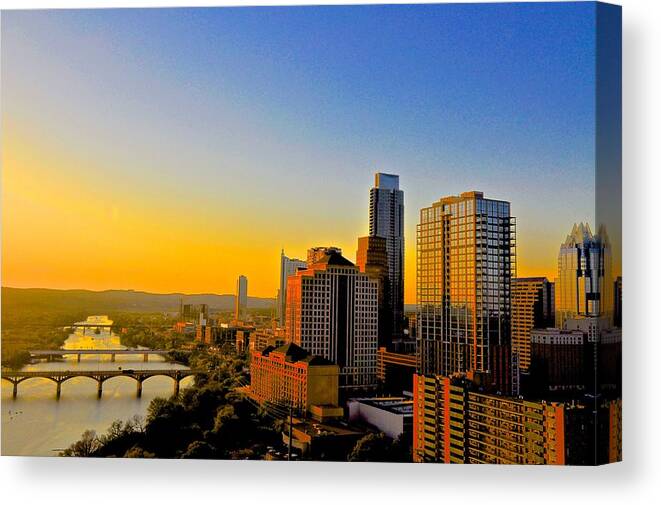 Downtown Austin Canvas Print featuring the photograph Golden Sunset in Austin Texas by Kristina Deane