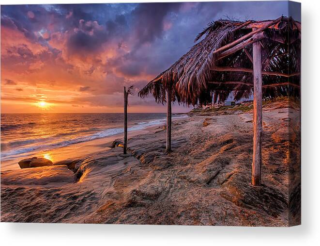 Beach Canvas Print featuring the photograph Golden Sunset The Surf Shack by Peter Tellone