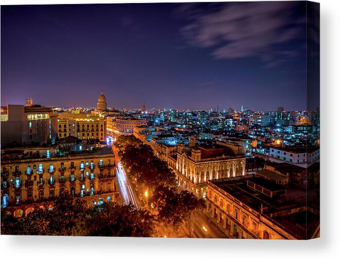Tranquility Canvas Print featuring the photograph Habana Lights View Of Habana At Night by Images By Toronto Photographer Robert Greatrix