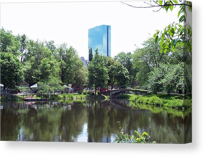Building Canvas Print featuring the photograph Hancock Building from Lagoon by Barbara McDevitt