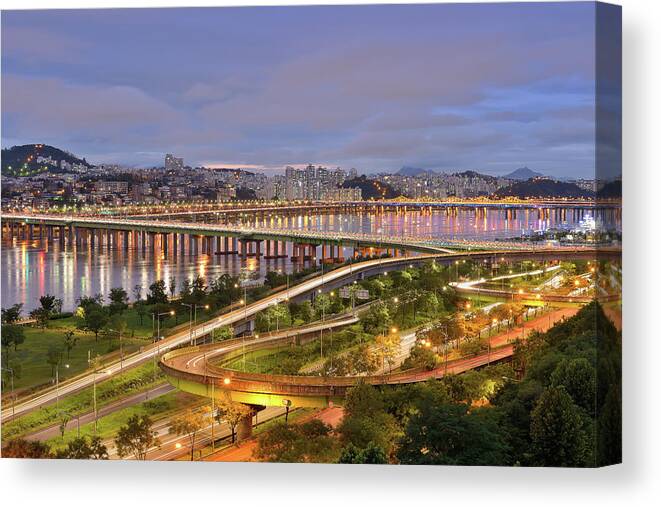 Tranquility Canvas Print featuring the photograph Hannam Bridge At Night by Tokism