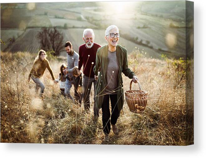 Adult Offspring Canvas Print featuring the photograph Happy senior woman leading her family to perfect picnic place on the hill. by Skynesher
