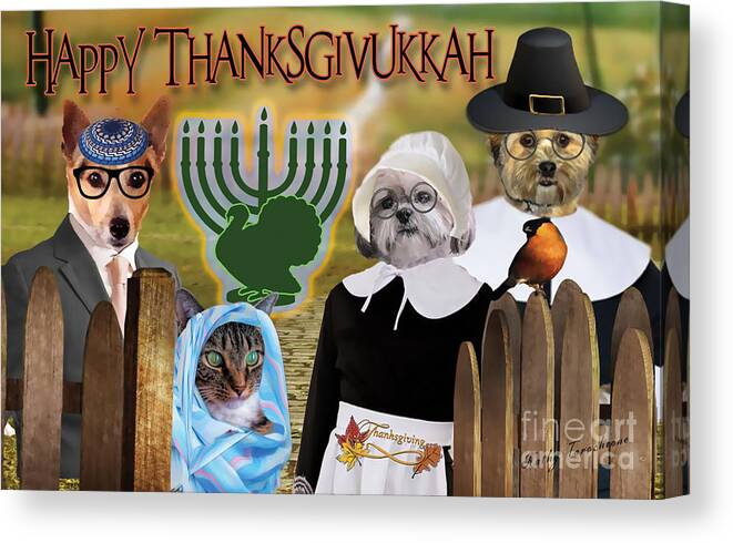 Canine Thanksgiving Canvas Print featuring the digital art Happy Thanksgivukkah -1 by Kathy Tarochione