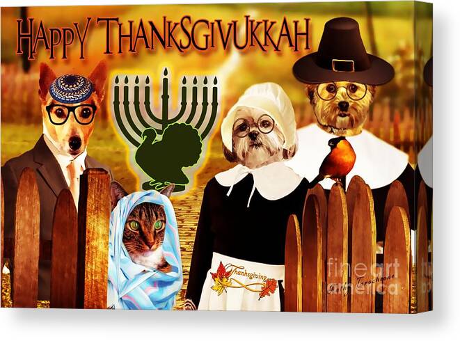 Canine Thanksgiving Canvas Print featuring the digital art Happy Thanksgivukkah -5 by Kathy Tarochione