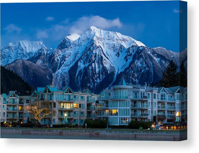 Baby Munday Peak Canvas Print featuring the photograph Harrison Hot Springs Condos and Mount Cheam Range by Michael Russell