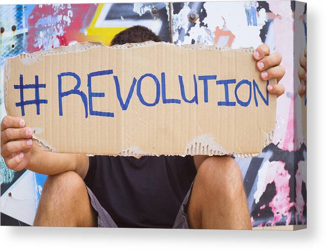 People Canvas Print featuring the photograph Hashtag Revolution sign by Alex Bramwell