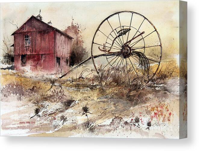 A Weathered Barn And A Rusty Hay Rake Decorate This Farmer's Field. Canvas Print featuring the painting Hay Rake by Monte Toon