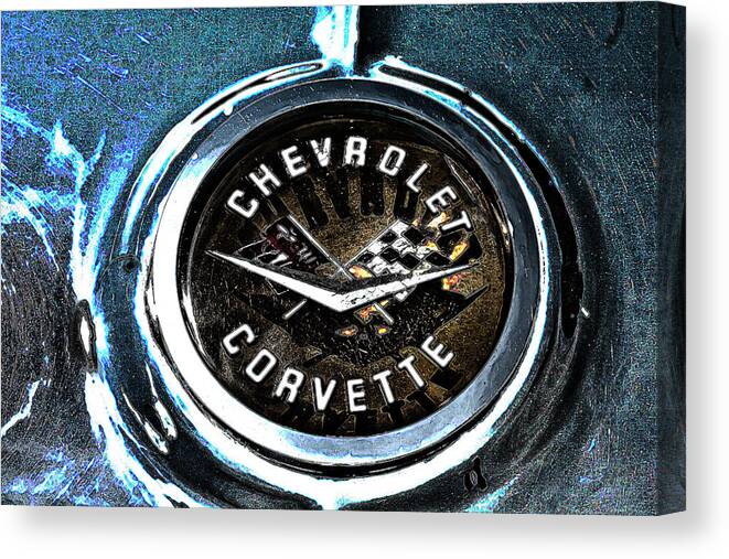 Corvette Canvas Print featuring the photograph HDR Vintage Corvette Emblem Art by Lesa Fine