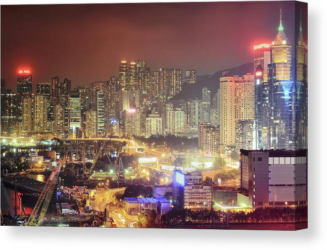 Built Structure Canvas Print featuring the photograph Hong Kong Victoria Harbour By Night by Ixefra