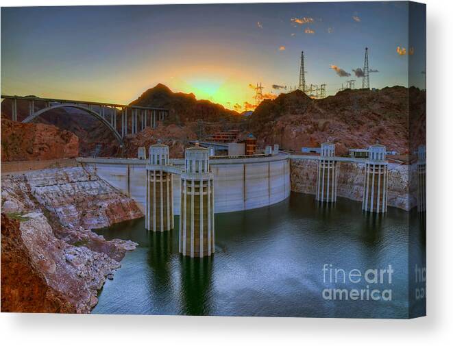 Hoover Dam Canvas Print featuring the photograph Hoover Dam at Sunset by Eddie Yerkish