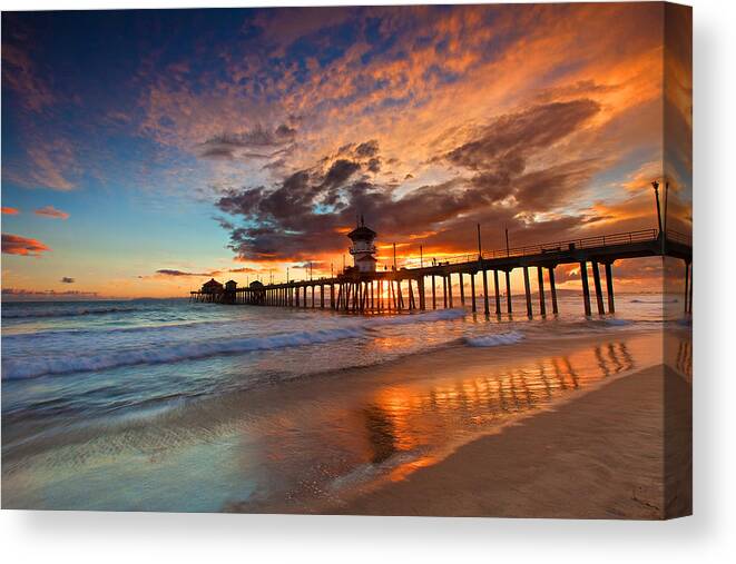 Huntington Beach Pier Canvas Print featuring the photograph Huntington Beach Pier Sunset by Brian Knott Photography