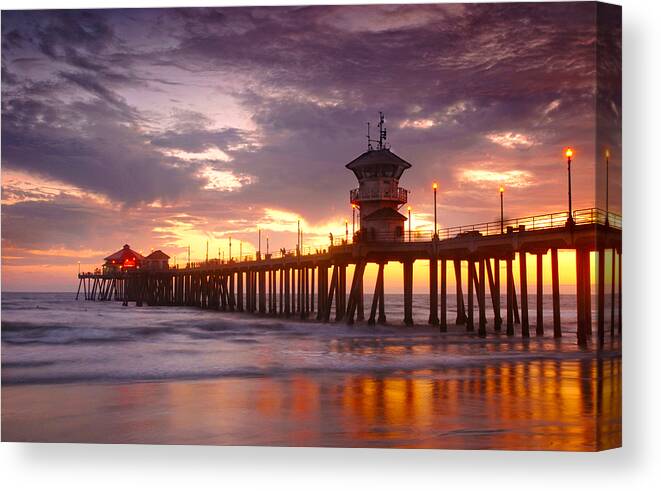California Canvas Print featuring the photograph Huntington Beach Pier Sunset by Dung Ma