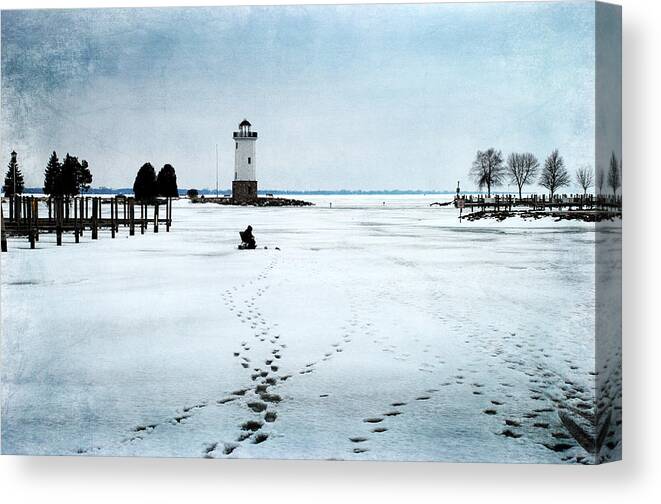 Lighthouse Canvas Print featuring the photograph Ice Fishing Solitude 2 by Janice Adomeit
