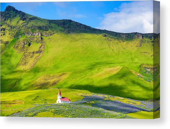 Vik Canvas Print featuring the photograph Iceland mountain landscape with church in Vik by Matthias Hauser