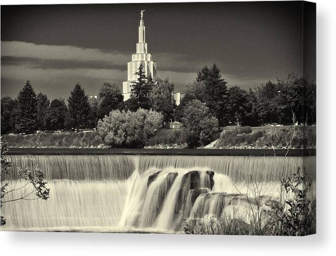 Idaho Falls Temple Canvas Print featuring the photograph Idaho Falls Temple Black and White by Greg Norrell
