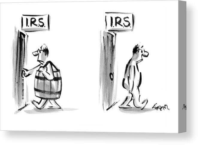 Irs Canvas Print featuring the drawing In The First Panel A Man Is Seen Walking by Lee Lorenz