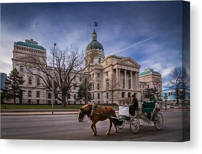 Indiana Canvas Print featuring the photograph Indiana Capital Building - Front with Horse Passing by Ron Pate