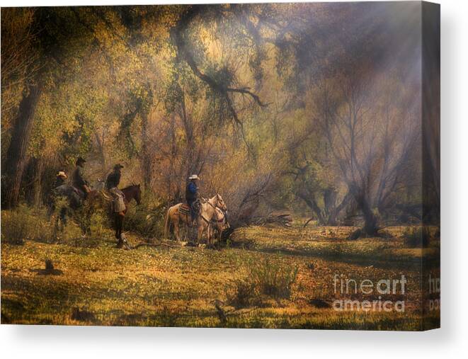 Cowboys Canvas Print featuring the photograph Into the Light by Priscilla Burgers