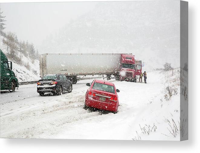 People Canvas Print featuring the photograph Jacknifed Truck Blocking Highway by Jim West