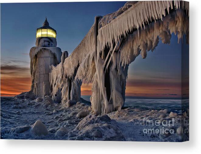 Lighthouse Canvas Print featuring the photograph January Sunset on North Pier IIl by Brett Maniscalco