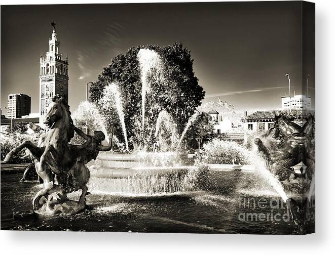 Kansas City Canvas Print featuring the photograph JC Nichols Memorial Fountain BW 1 by Andee Design