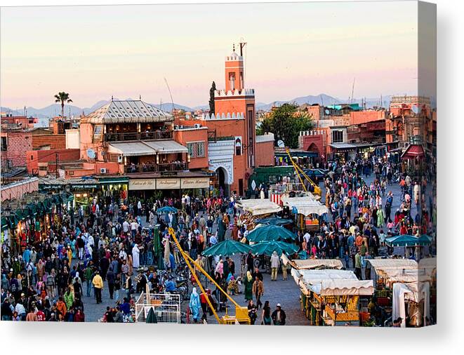 Dusk Canvas Print featuring the photograph Jemaa el Fna square at Dusk in Marrakesh Morroco by David Smith