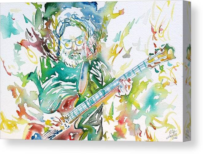 Jerry Canvas Print featuring the painting JERRY GARCIA PLAYING the GUITAR watercolor portrait.1 by Fabrizio Cassetta