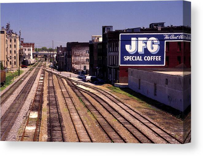 F2-rr-0271 Canvas Print featuring the photograph JFG Coffee and Knoxville TN Old Town freight yards by Paul W Faust - Impressions of Light