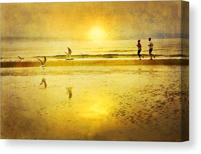 Beach Canvas Print featuring the photograph Jogging On Beach With Gulls by Theresa Tahara