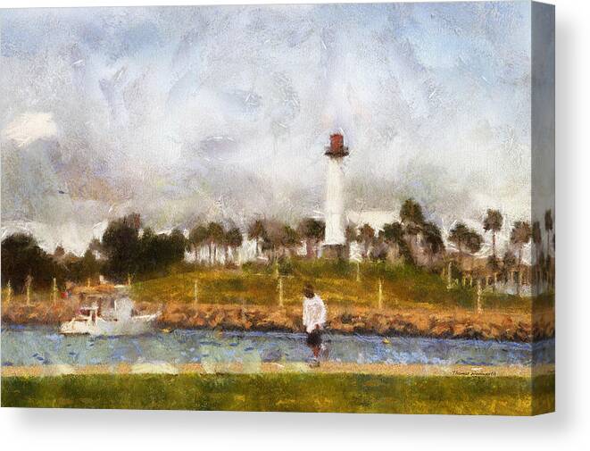 Longbeach Canvas Print featuring the photograph Jogging Past The Lighthouse Photo Art 02 by Thomas Woolworth
