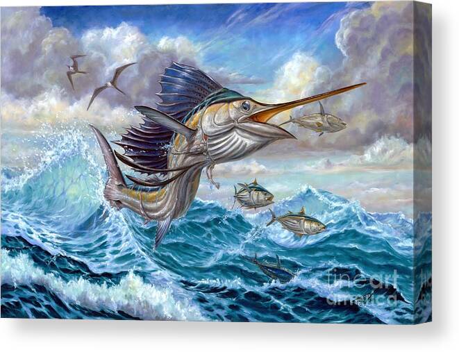 Sailfish Small Tuna Canvas Print featuring the painting Jumping Sailfish And Small Fish by Terry Fox