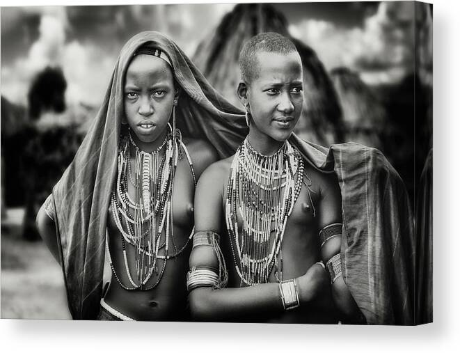 People Canvas Print featuring the photograph Karo Girls Sharing A Scarf by Piet Flour