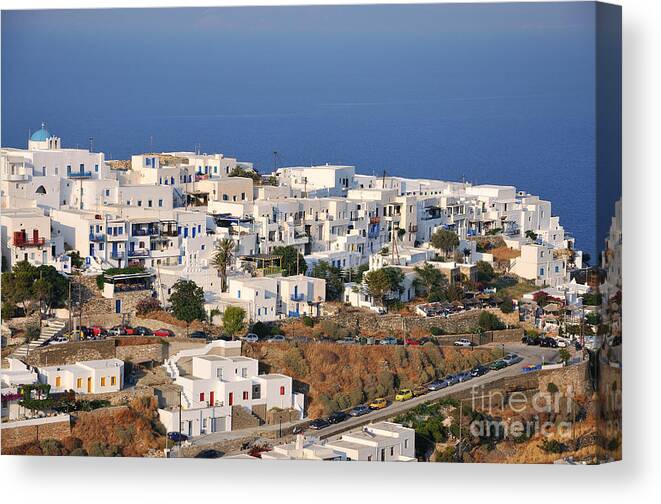 Sifnos; Kastro; Castro; Village; Town; White; Houses; Afternoon Light; Greece; Greek; Hellas; Cyclades; Kyklades; Aegean; Islands; Holidays; Vacation; Travel; Trip; Voyage; Journey; Tourism; Touristic; Island; Summer; Blue; Sea; Sky Canvas Print featuring the photograph Kastro village in Sifnos island by George Atsametakis