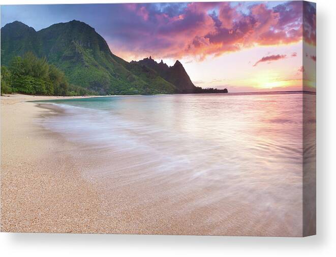 Summer Canvas Print featuring the photograph Kauai-tunnels Beach In Hawaii At Sunset by Wingmar
