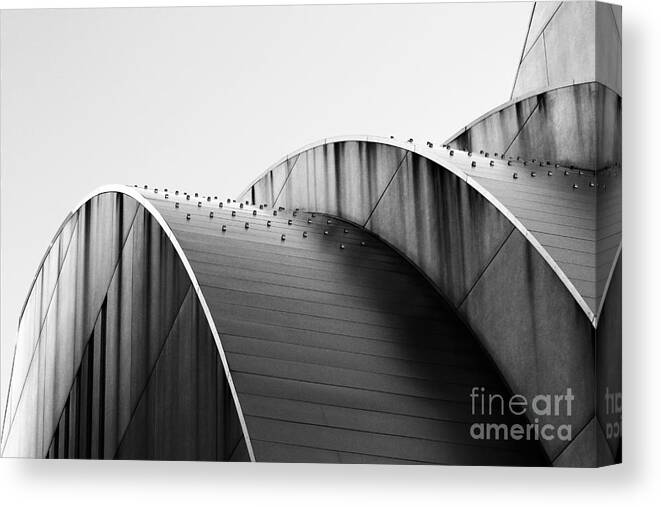 Kauffman Center For The Performing Arts Canvas Print featuring the photograph Kauffman Center Black and White Curves Photography by Catherine Sherman