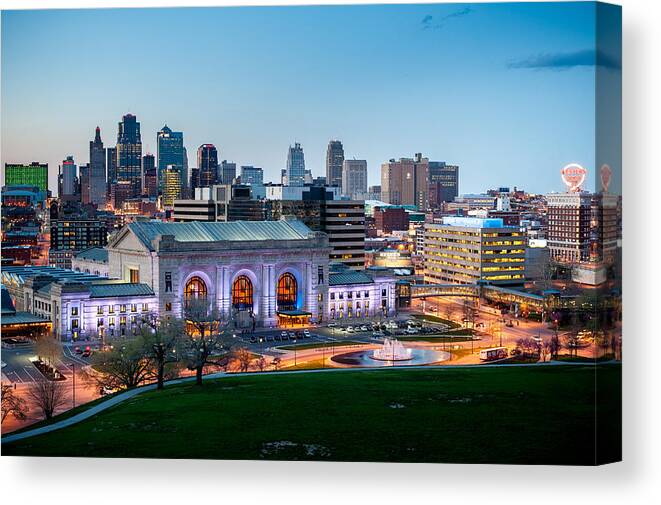 Arch Canvas Print featuring the photograph KC skyline at dusk by Edwin Remsberg