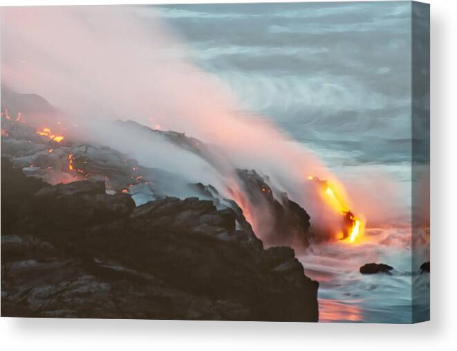 Landscapes Canvas Print featuring the photograph Kilauea Lava Meets the Pacific by Mary Lee Dereske