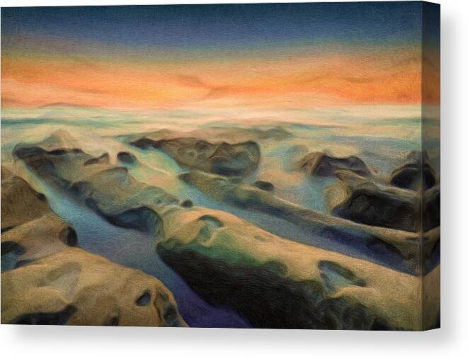 Sunset Texture Seascape Painting Photography Tide Pools Canvas Print featuring the mixed media La Jolla Reimagined by Joel Olives