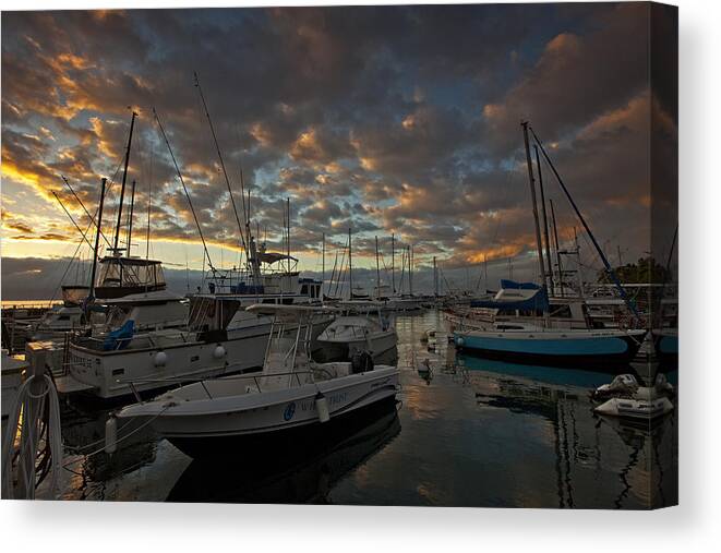 Lahaina Harbor Maui Hawaii Seascape Boats Clouds Canvas Print featuring the photograph Lahaina's Last Light by James Roemmling