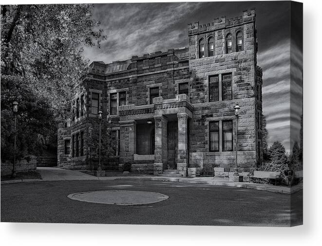 America Canvas Print featuring the photograph Lambert Castle BW by Susan Candelario