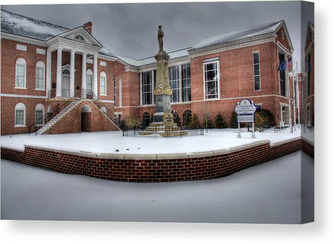 Court House Canvas Print featuring the photograph Lancaster SC old and new courthouse in the snow by Andy Lawless
