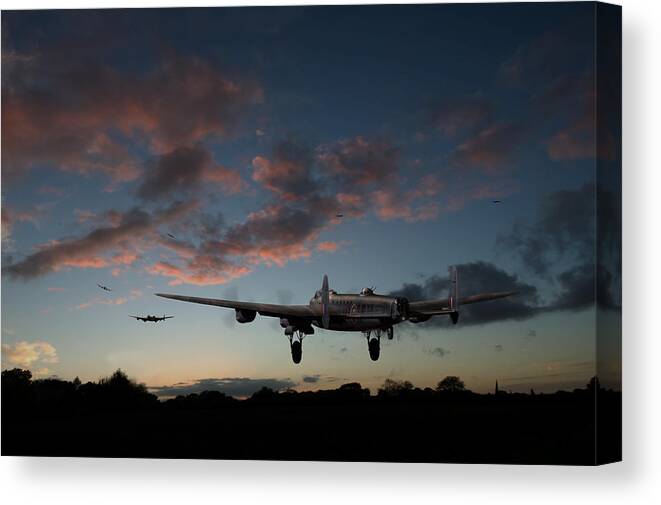 Lancaster Bombers Canvas Print featuring the photograph Lancasters taking off at sunset by Gary Eason