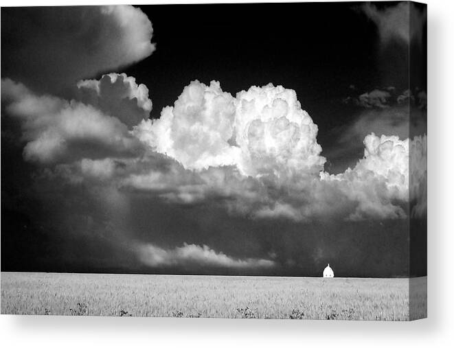 Landscape Canvas Print featuring the photograph Landscape of Dramatic Cloud and Lone White Barn by Donald Erickson