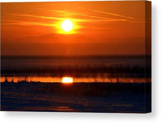 Sunset Golden Frozen Reflected Evening Water Reflection Sun Pond Nature Dusk End Clouds Ice Snow Freeze Steam Canvas Print featuring the photograph Last Blast by Dirk Johnson