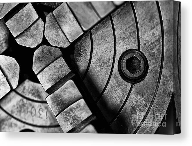 Lathe Chuck Canvas Print featuring the photograph Lathe Chuck Black and White by Wilma Birdwell